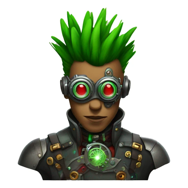 Male cyborg with thin red Mohawk and green steampunk goggles sticker
