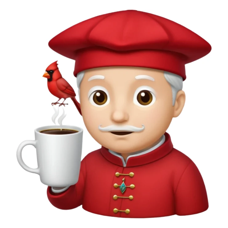 Cardinal with hat that has CMC on it and a cup of coffee sticker