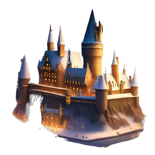 Hogwarts castle covered in snow, with warm lights glowing from the windows, creating a cozy, magical holiday scene sticker