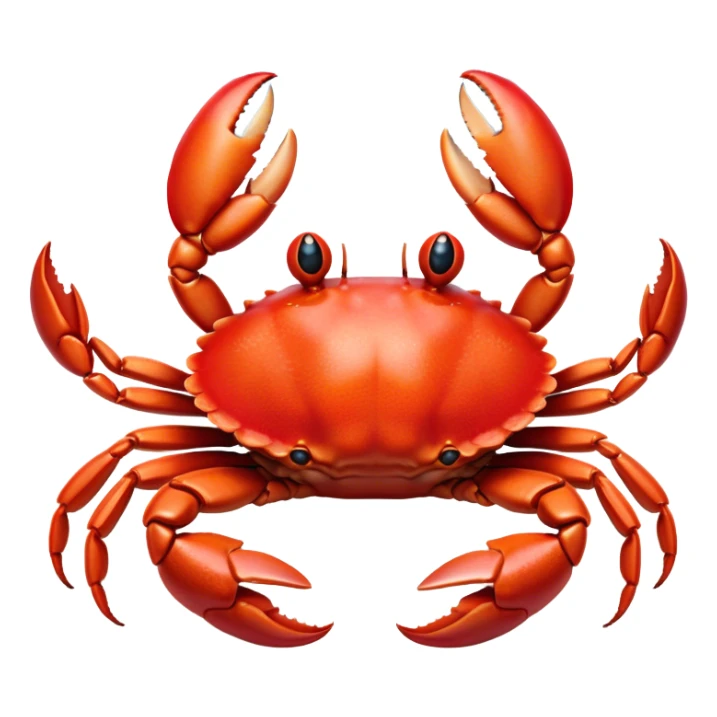 Cinematic Realistic Cute Crab Portrait Emoji, Head tilted playfully and inquisitively, featuring a compact, sturdy form with a glossy red shell uniquely forming an endearing face with bright, sparkling eyes, rendered with intricate natural textures and subtle coastal hues, high shine, affectionate and spirited, styled with a touch of seaside whimsy, soft glowing outline, capturing the essence of a mischievous yet lovable crab that seems ready to pinch playfully out of the screen into your arms! sticker