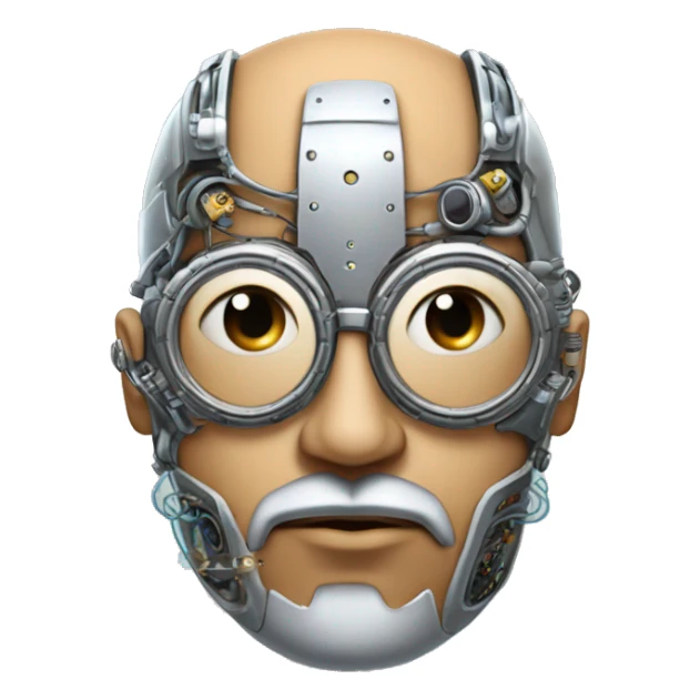 Tan bald male Latino cyborg head with grey beard, silver steampunk monocle goggles and circuits sticker