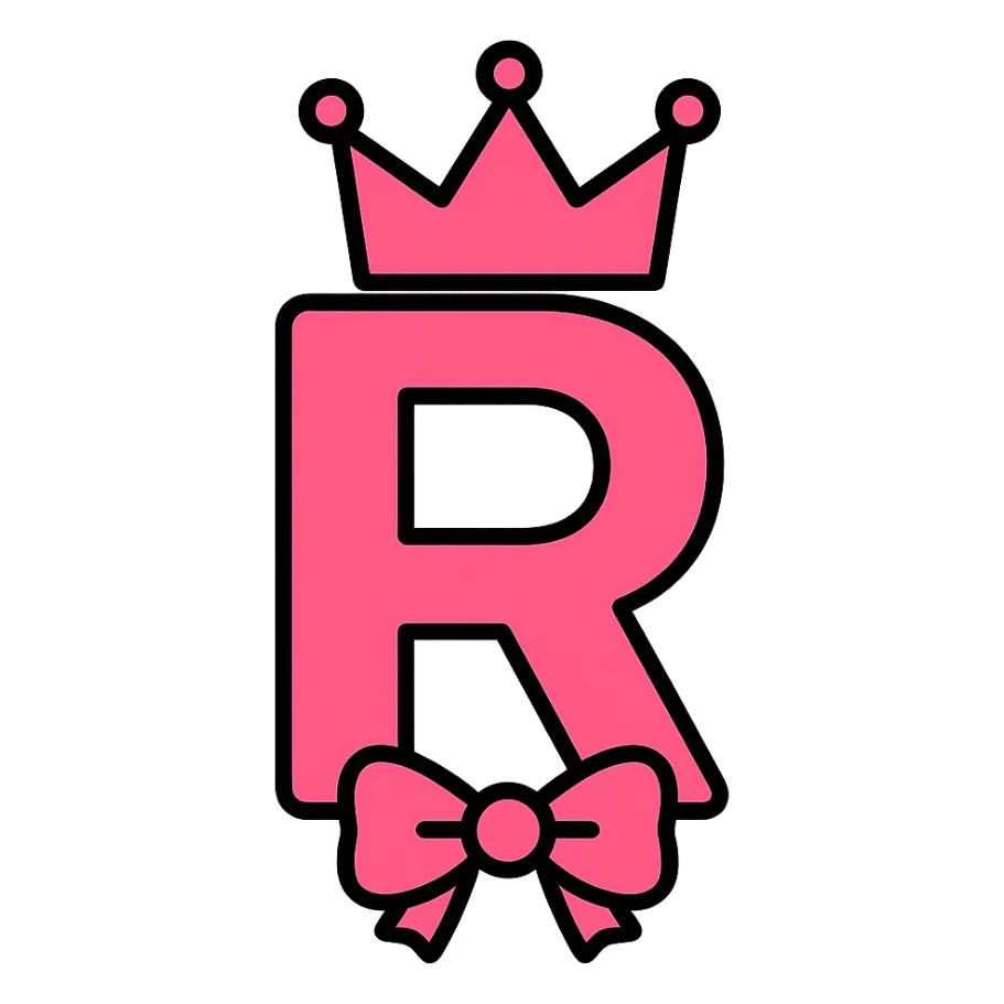 modern icon style pink letter R with a pink crown and a bow sticker