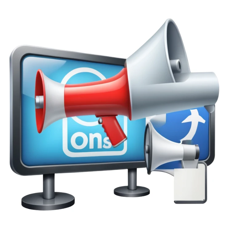 An icon featuring a megaphone, a billboard, and social media icons, symbolizing advertising and public relations. The design includes a press release and a rising graph, representing brand promotion and communication strategies. Transparent background highlights media influence and outreach. sticker