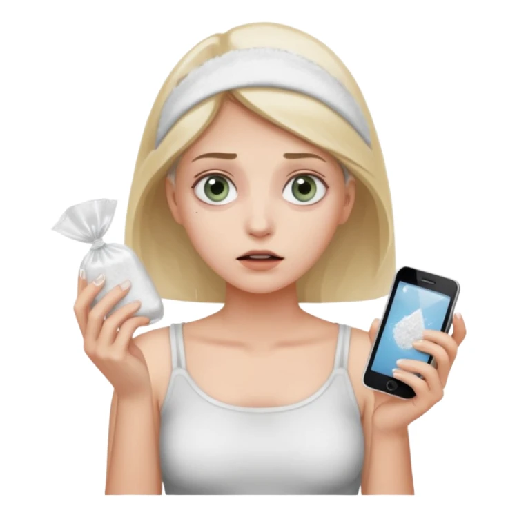 she's anxious , has a transparent tiny pastic bag full of white powder, and her phone in the other hand sticker