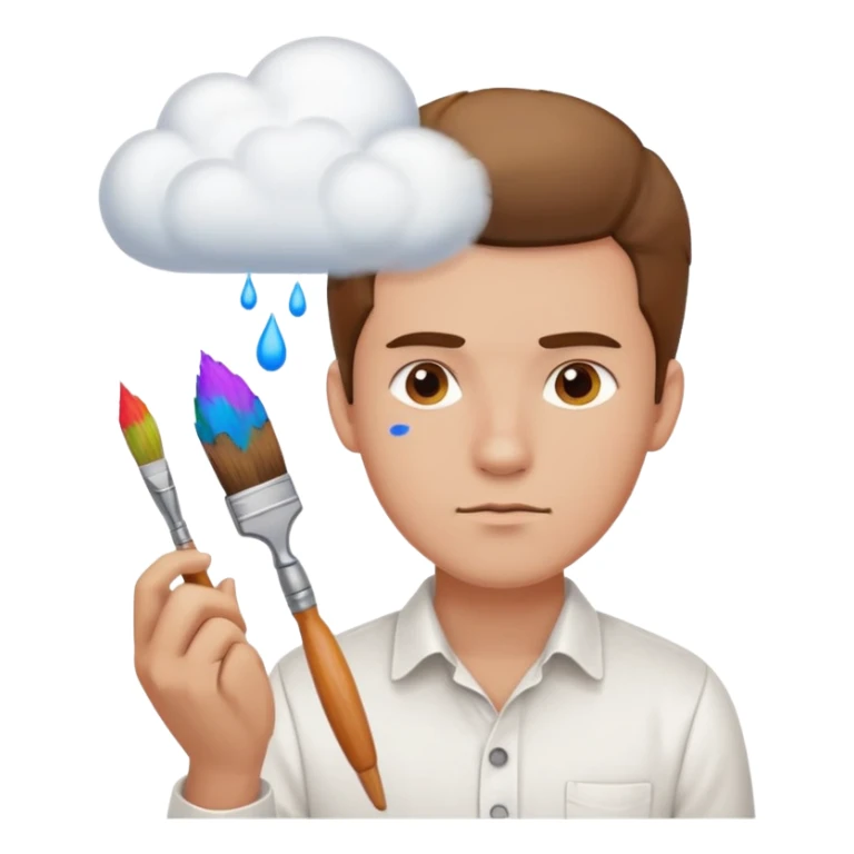 a man in a white buttoned shirt with a thinking cloud picturing a brush sticker