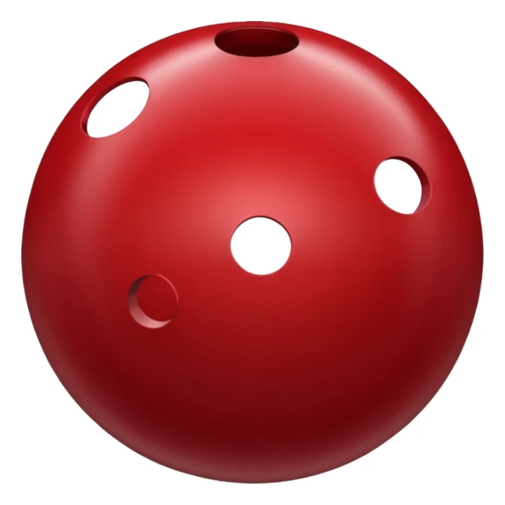 red bowling ball with 3 finger holes in. a triangle sticker