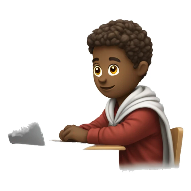 white boy sitting at a school desk with a big blanket wrapped around shoulders working on chromebook sticker
