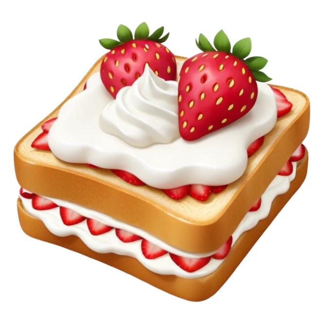 square toast topped with fluffy white cream, decorated with a strawberry bow made from two strawberry center, bright red and glossy sticker