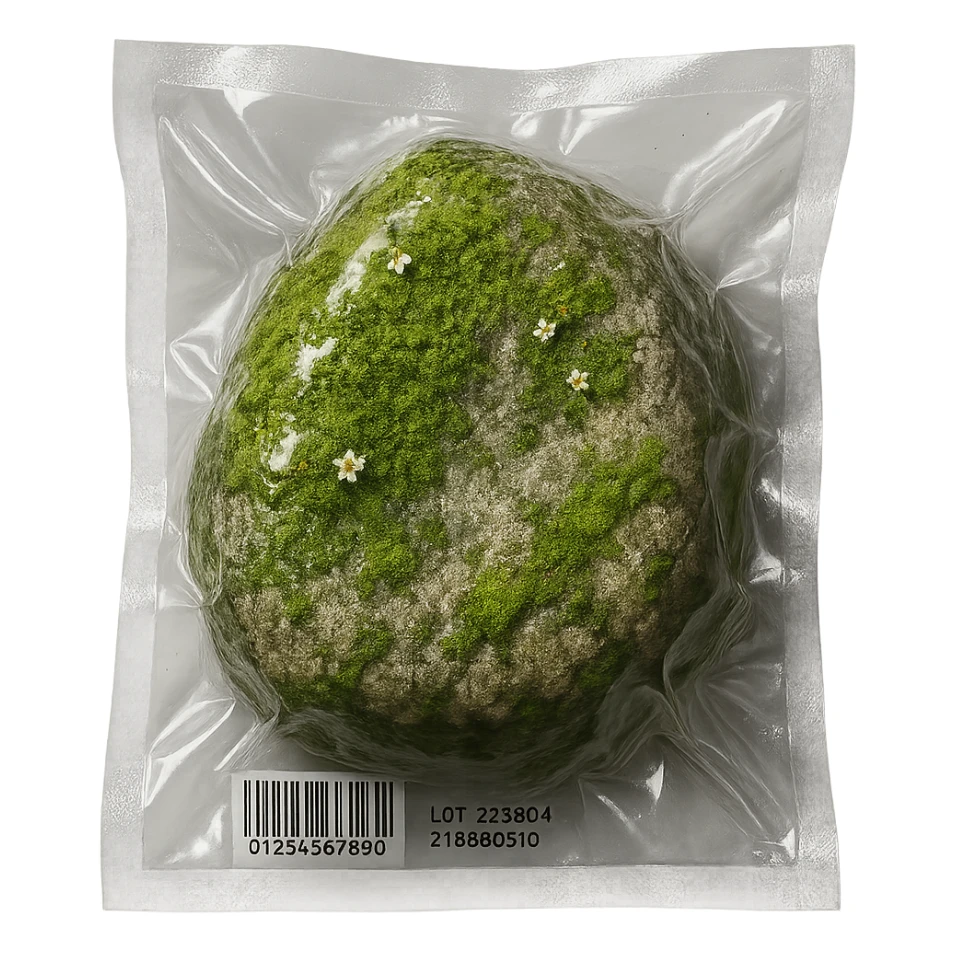 stone mostly covered in green moss with small flowers, glossy and puffy sticker