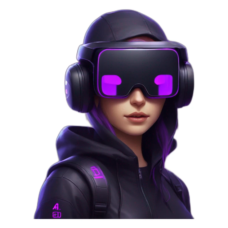 Russian student in the black hoody with violet letters "OMG VR" on it wearing vr headset. Cyberpunk style. Violet neon. sticker