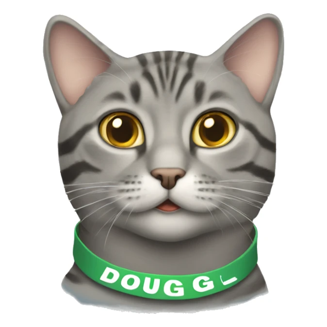Grey tabby cat wearing a name tag that says Doug sticker