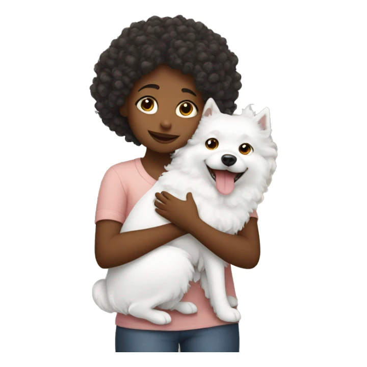 Curly girl hugging white spitz dog  sticker