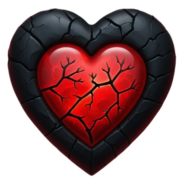 iOS style emoji, dark fantasy heart, black cracked heart, red inner glow, glossy sticker