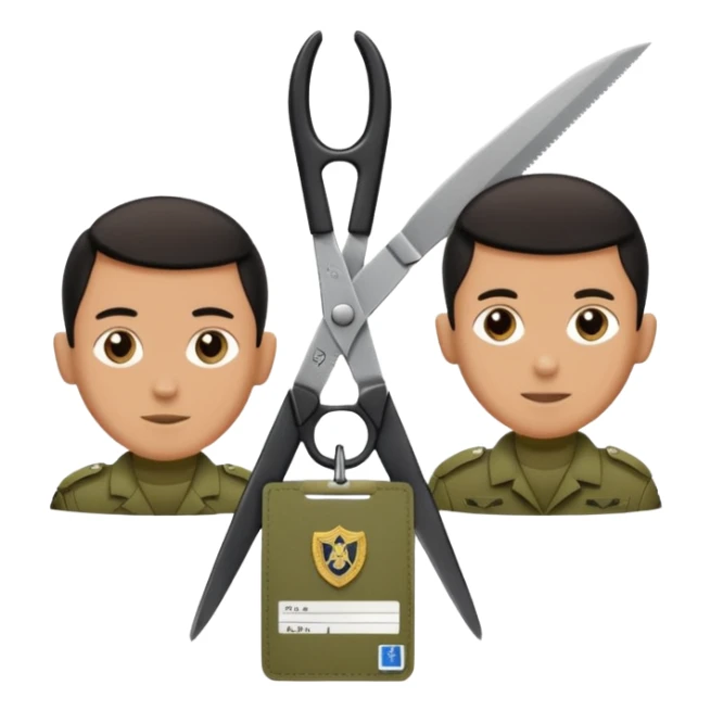 Floating black Scissors cutting in half an idf soldier ID card with a little chip in 2 parts .hyper realistic sticker