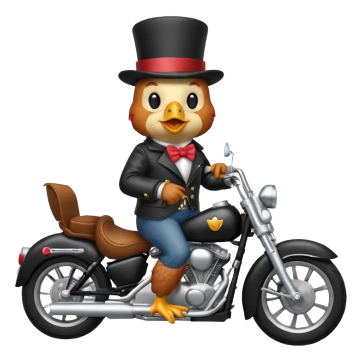 Chicken wearing a tophat a black jacket on a motorcycle sticker