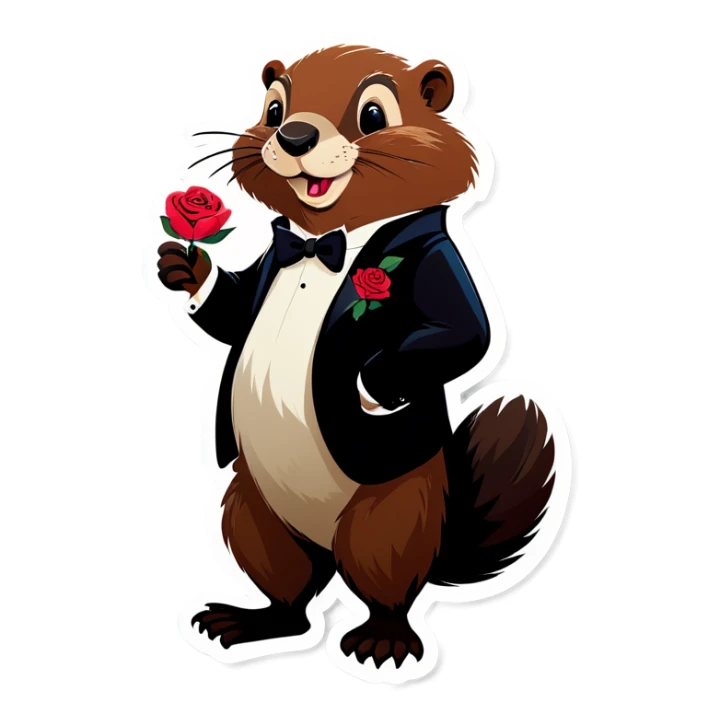 A beaver dressed in a tuxedo is holding a rose in its paws. sticker