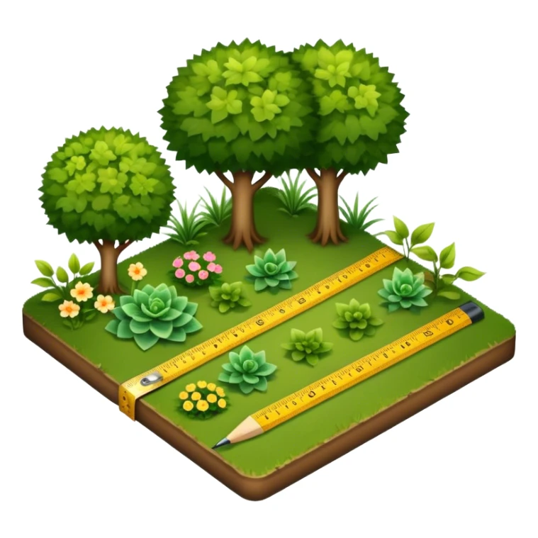Icon for Landscape Design: a garden layout with plants, trees, paths, and design tools like a ruler, pencil and measuring tape. The icon should represent creativity in outdoor space planning and gardening. Transparent background. sticker