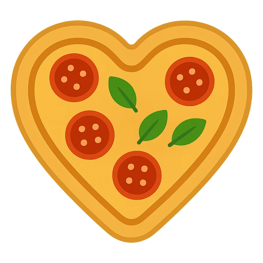 a pizza shaped like a heart, simple and bold, with tomato and basil sticker