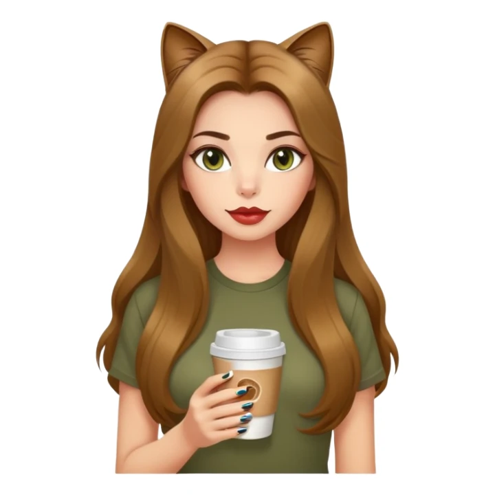 Pretty girl with thick voluminous long hair no bangs with full lips cat eye with tight t shirt holding a to-go coffee and long nails. Olive skin.  sticker