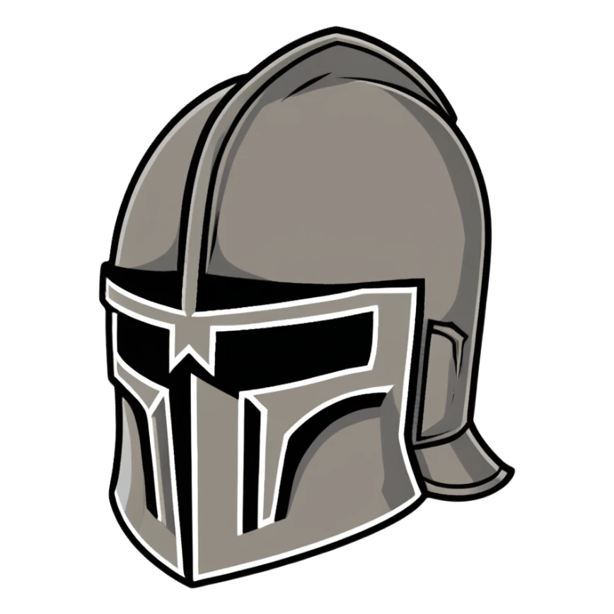 Battle-worn crusader helmet with light rust and historical details sticker