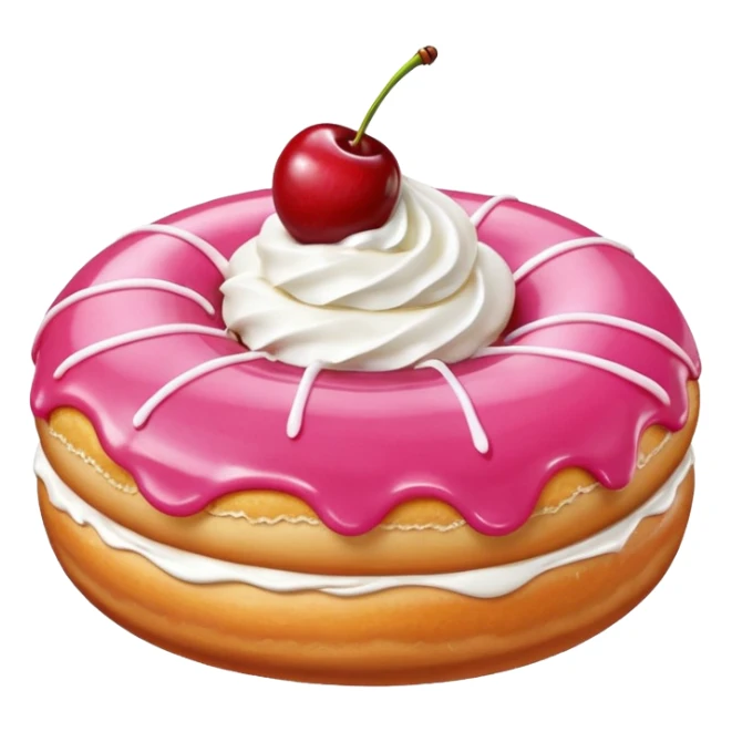Round donut with smooth shade pink icing and thin white drizzle lines, golden-brown dough visible on the sides.
White whipped cream dollop in the center topped with a glossy red cherry and stem, clean studio lighting, pure white background, realistic minimal emoji-style. sticker
