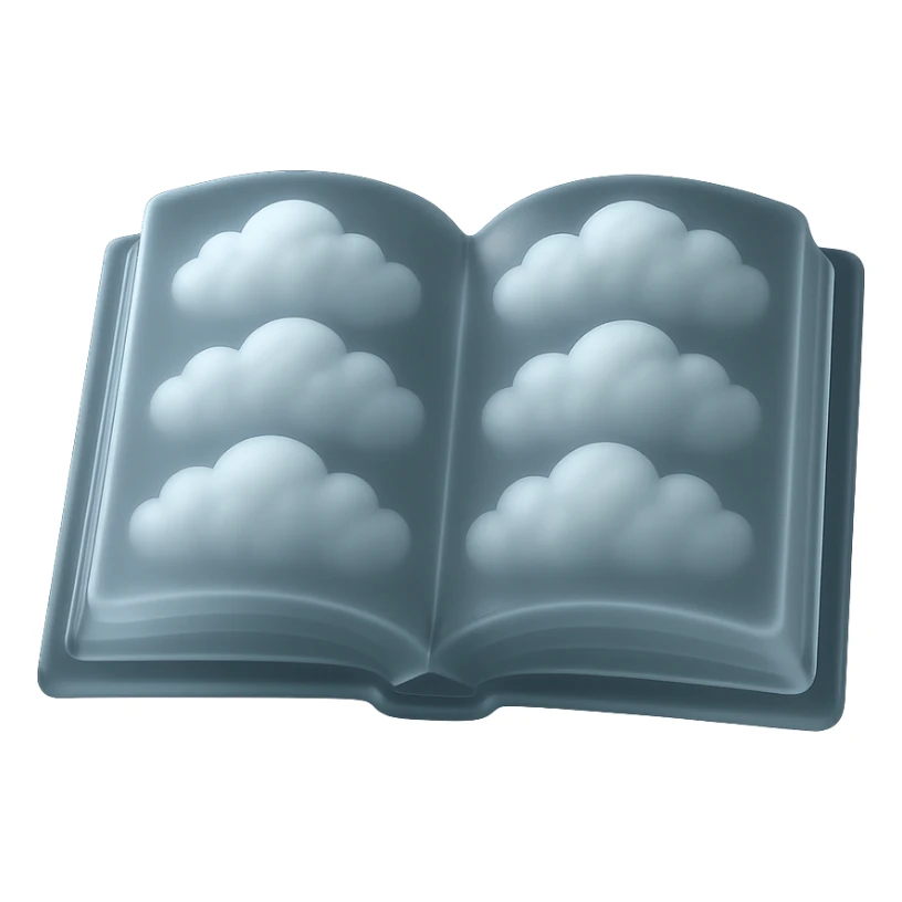 top view of a thick open book made entirely of small, very bright white fluffy convex clouds, matte glass style, no background sticker