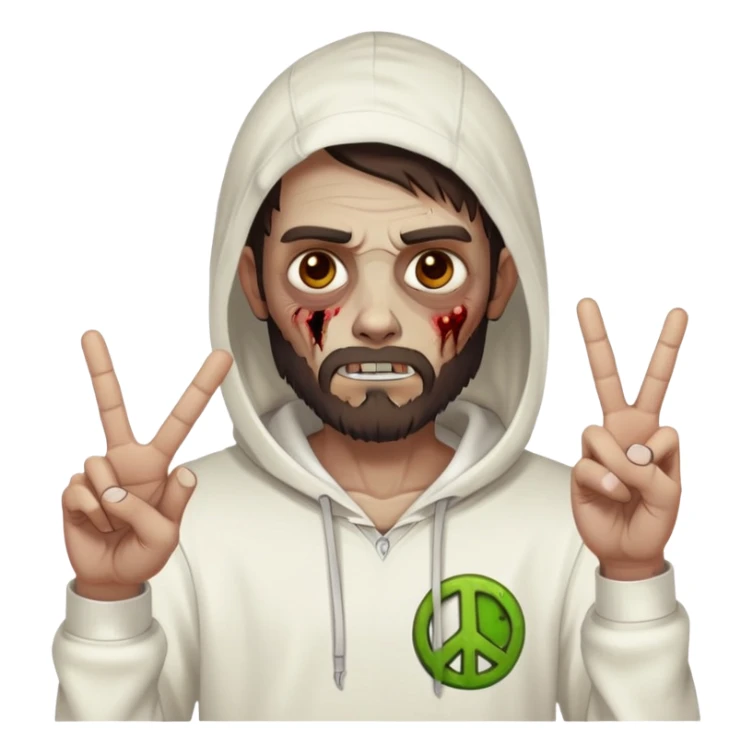 zombie with peace sign gesture wearing plain white hoodie with no designs, dark brown hair and short full beard sticker