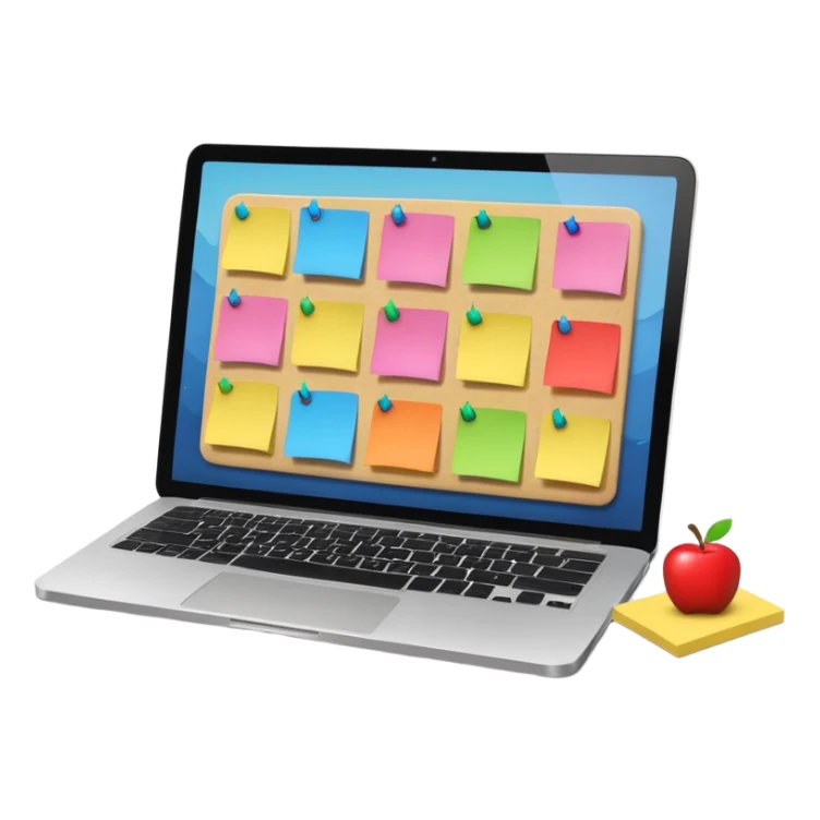 laptop showing a Miro board with sticky notes, apple style emoji sticker