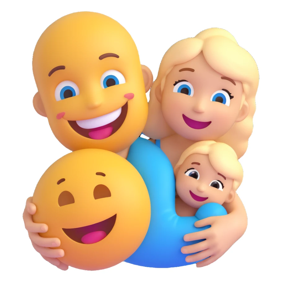 3D smiley emoji, round shape, grandfather playing with grandchild, blue color, smiling face sticker