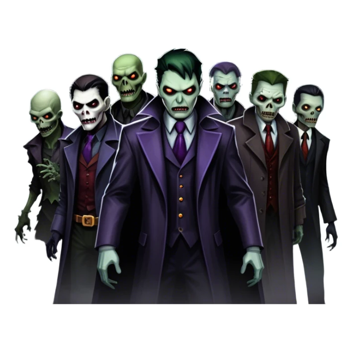 Icon for Thriller Movies: A large, dramatic collage featuring sinister villains and zombies in dark clothing. The background shows the gloomy cityscape of Gotham with dim lighting and eerie shadows. The atmosphere should be tense, mysterious, and suspenseful. Transparent background. sticker