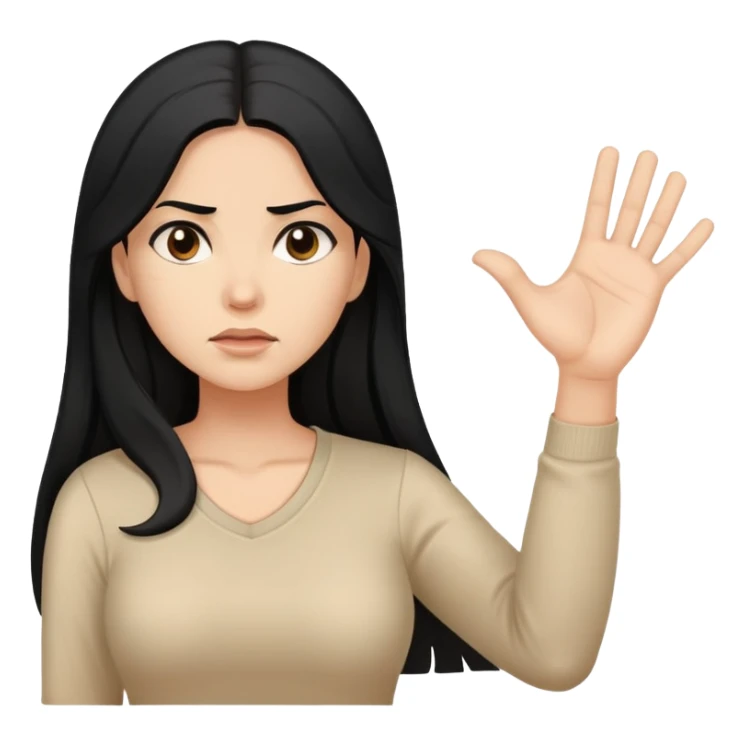 Hispanic woman with long hair, beige top, determined, one hand out motioning to stop sticker