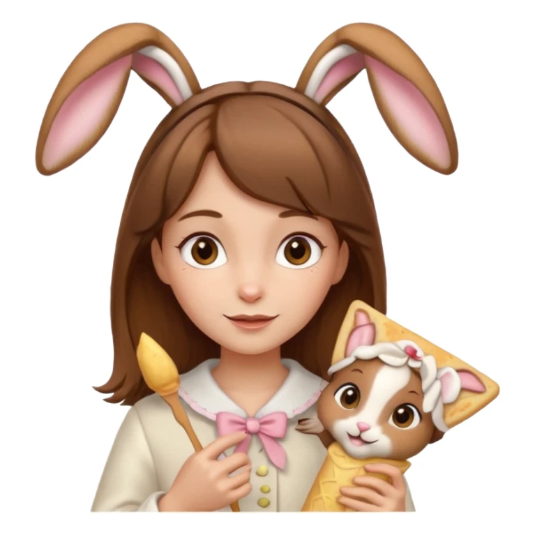 brown haired girl with bunny ears and holding a crape/pancake sticker