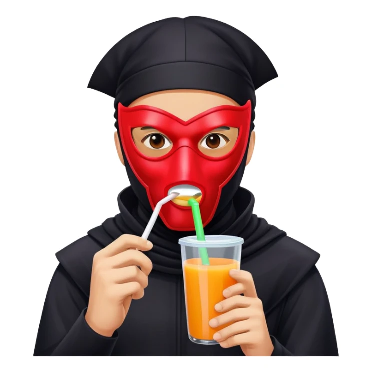 Masked man in dark clothing holding and drinking from a juice box with a straw, comical contrast between serious masked appearance and innocent juice sticker