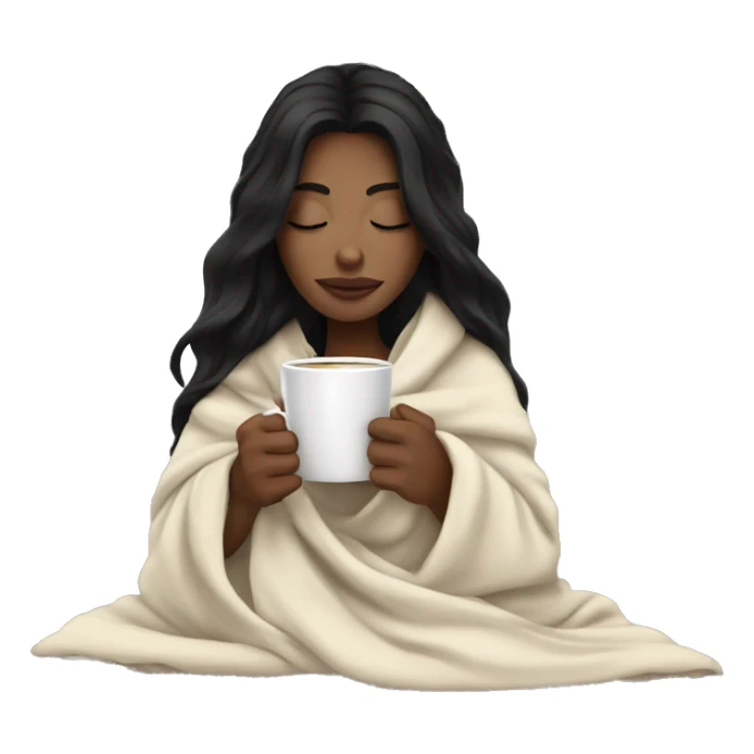 white girl with black hair inside a blanket sipping coffee eyes closed sticker