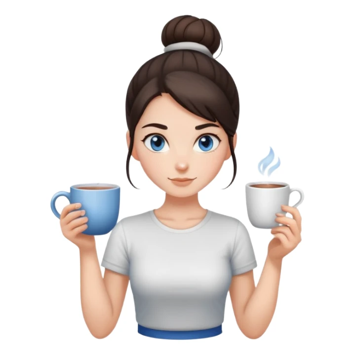 With her dark brown hair pulled back in a bun, and captivating grey-blue eyes, the girl holds a mug of tea, the steam rising like a gentle promise of warmth, clad in a simple white t-shirt.  sticker
