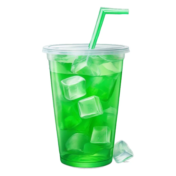 Realistic see through plastic cup and lid with half full Transluscent green soda,straw and large ice cubes inside. sticker