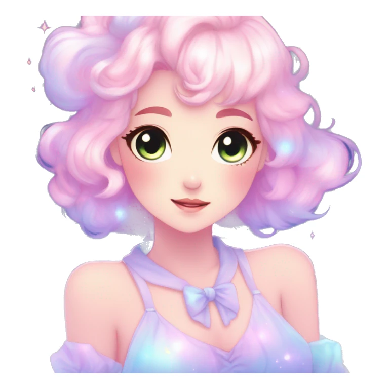 Gorgeous pastel anime style lady blushing nebula-gradient-sparkle face dreamy idol model colorful shiny stars galaxy kawaii cottagecore pearly petite simplistic aesthetic trending style sticker