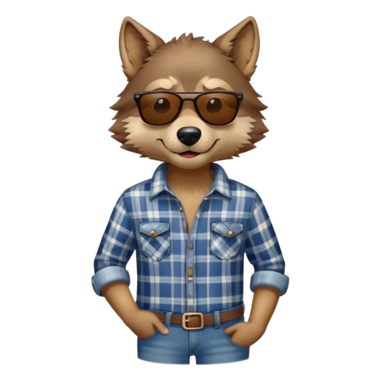 head and shoulders friendly brown-furred anthropomorphised wolf in plaid shirt and jeans, wearing dark sunglasses, relaxed pose sticker