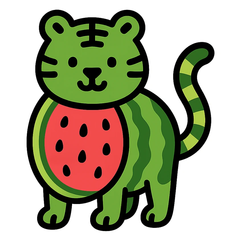 color outline icon style green tiger with watermelon body sticker
