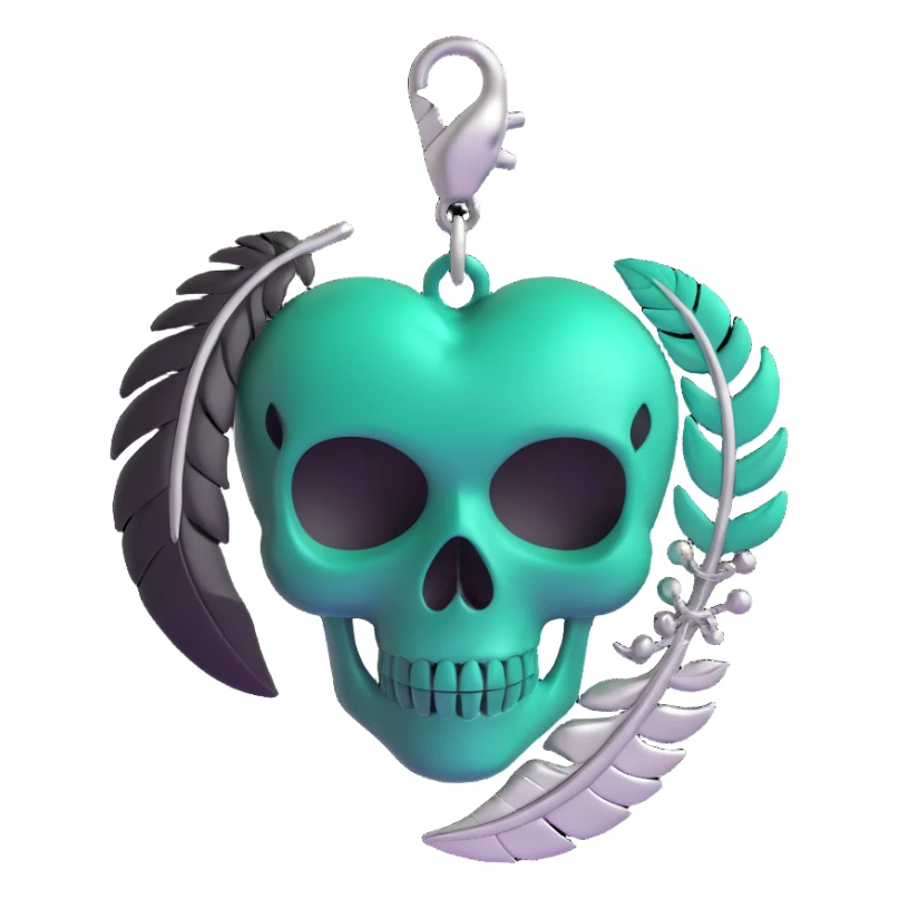 3D emoji gothic heart, dark emerald glass, silver skull charm, feather accents, lush and gothic sticker