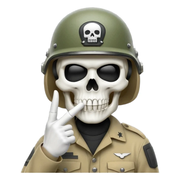 A bold emoji-style (bodyless) white skull wearing a realistic modern army helmet, making a shushing gesture (index finger bone held up to mouth area). Clean vector style,modern emoji aesthetic.The helmet has detailed realistic texture. sticker