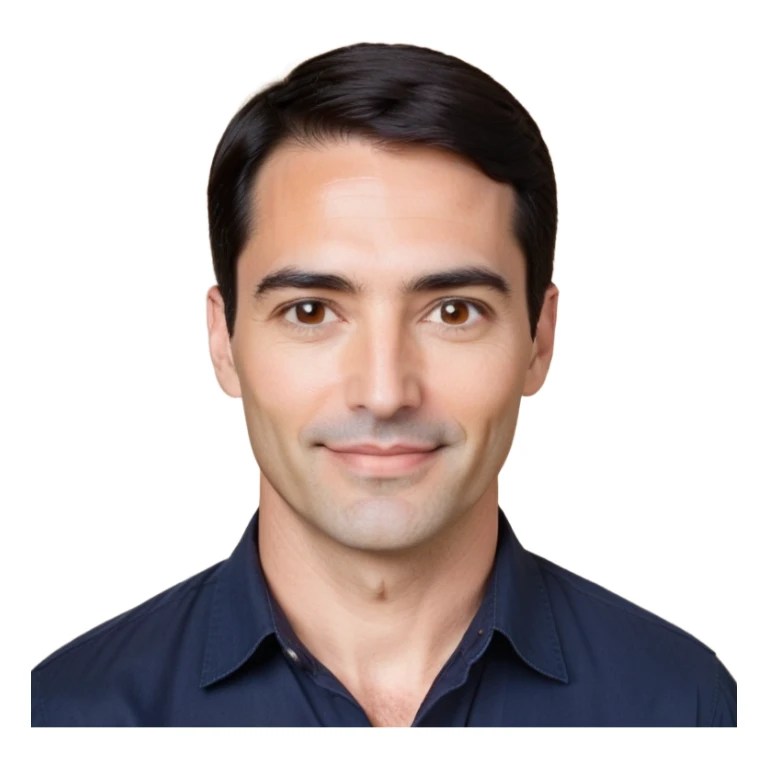 Man in his 40s with wide square face, marked jawline, full cheeks, friendly expression, medium dark brown eyes, thick natural eyebrows, straight wide nose, medium lips curved slightly upward in a relaxed smile, short neat dark brown almost black hair, wearing a navy blue button-up shirt sticker