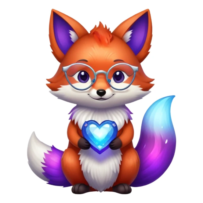small magical fox with shimmering purple and blue fur, glowing fluffy tail, silver star on forehead, round glasses, tiny lantern, hugging a big red heart sticker