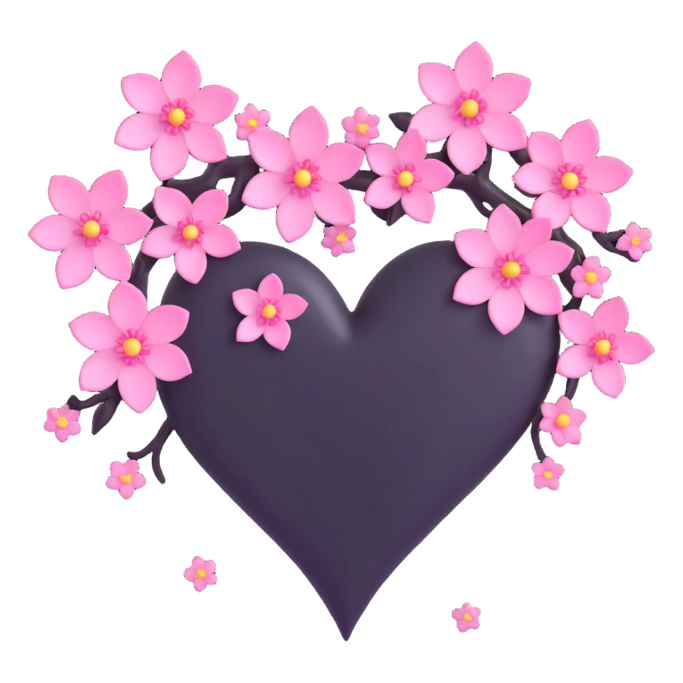 goth sakura heart, black heart with extra sakura blossoms and sparkling accents, lush and magical sticker
