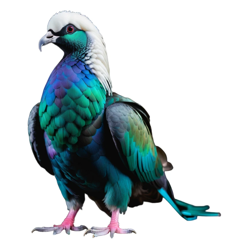 Nicobar pigeon with iridescent plumage and white tail sticker