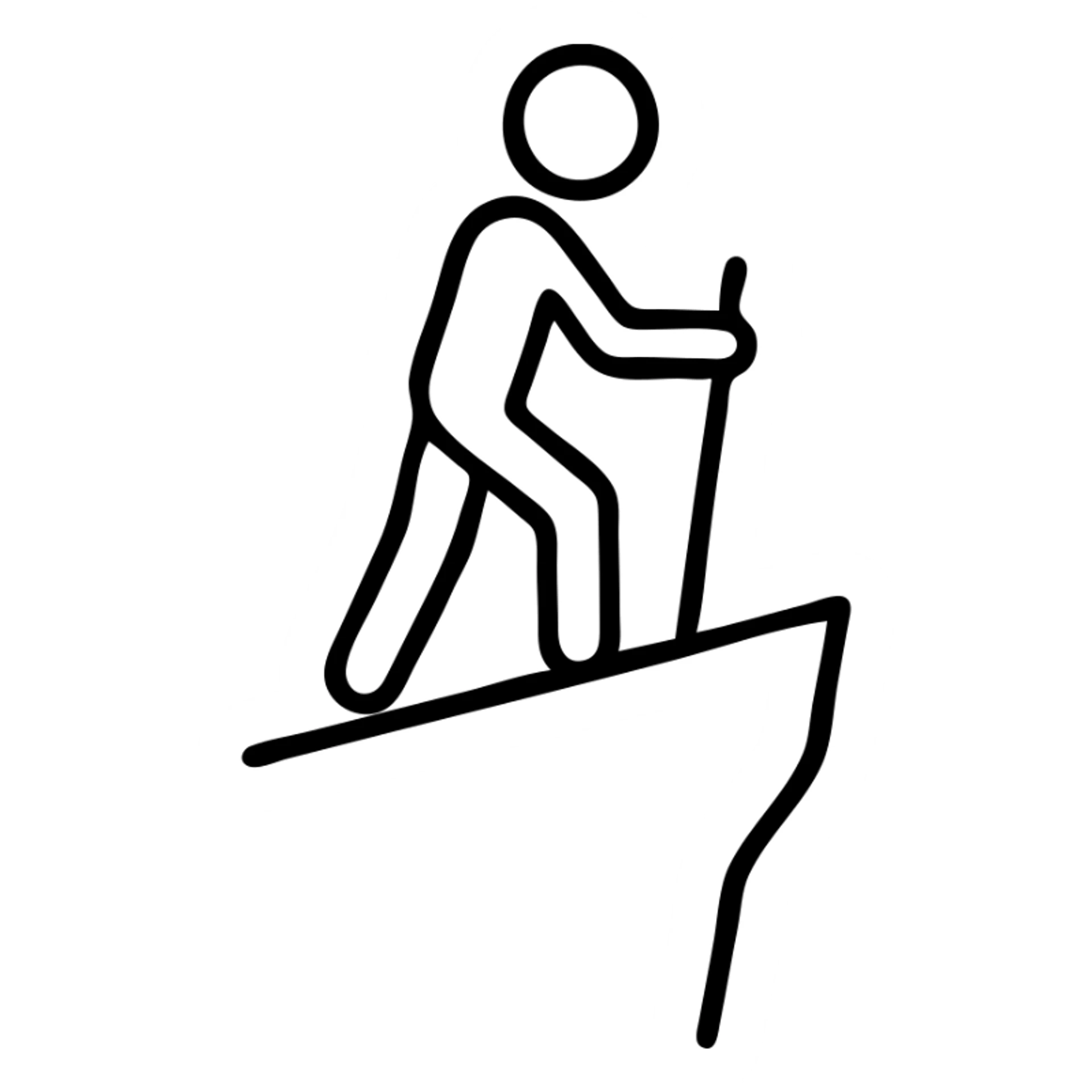 Replace the outlined person with a true stick figure composed of simple lines for body, arms, and legs, and a circle for the head. The stick figure is standing on top of a steep cliff, holding a hiking stick. Keep the icon style with clear and minimal lines. sticker