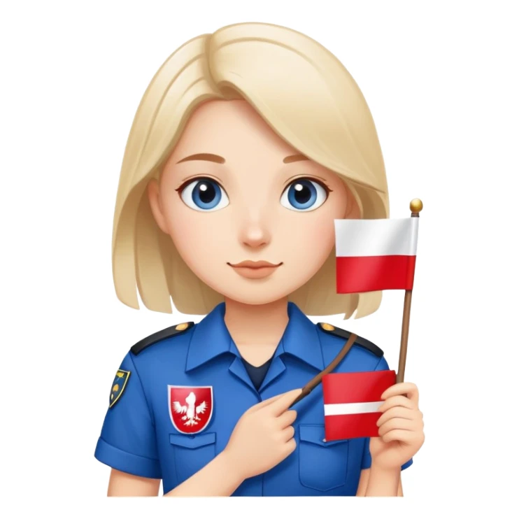 female student in blue uniform holding Polish flag sticker