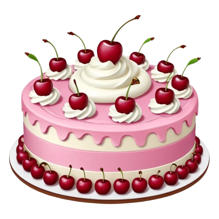 Round pink frosted cake with textured buttercream sides, placed on a plate cake board.
White whipped cream swirls on top, each topped with glossy red cherries with stems, clean studio lighting, isolated background, realistic minimal smooth emoji-style. sticker