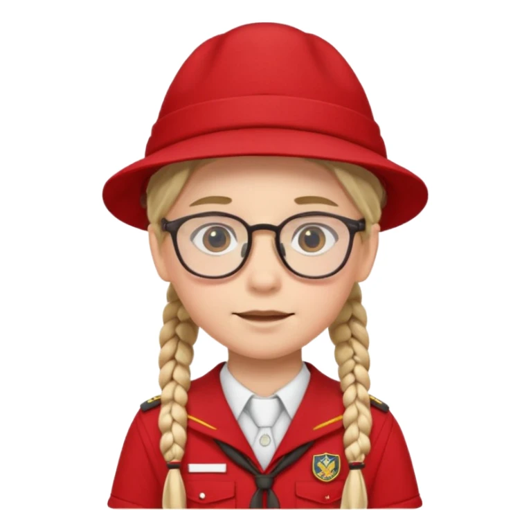red uniform wearing scout kid with braids and glassess with hat sticker
