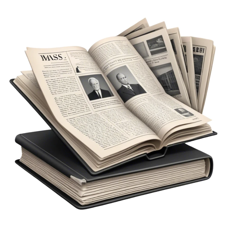 Icon for Non-Fiction & Narrative Reading: an open book with black-and-white photos on the pages, surrounded by a pile of newspaper clippings, and an open folder with top-secret documents. The icon should reflect the blend of real stories and facts in non-fiction literature. Transparent background. sticker